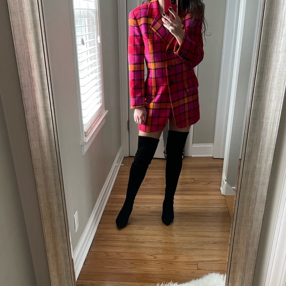 Escada By Margaretha Ley Red Plaid Notch Lapel Long Sleeve Wool Blazer s… - Picture 4 of 12